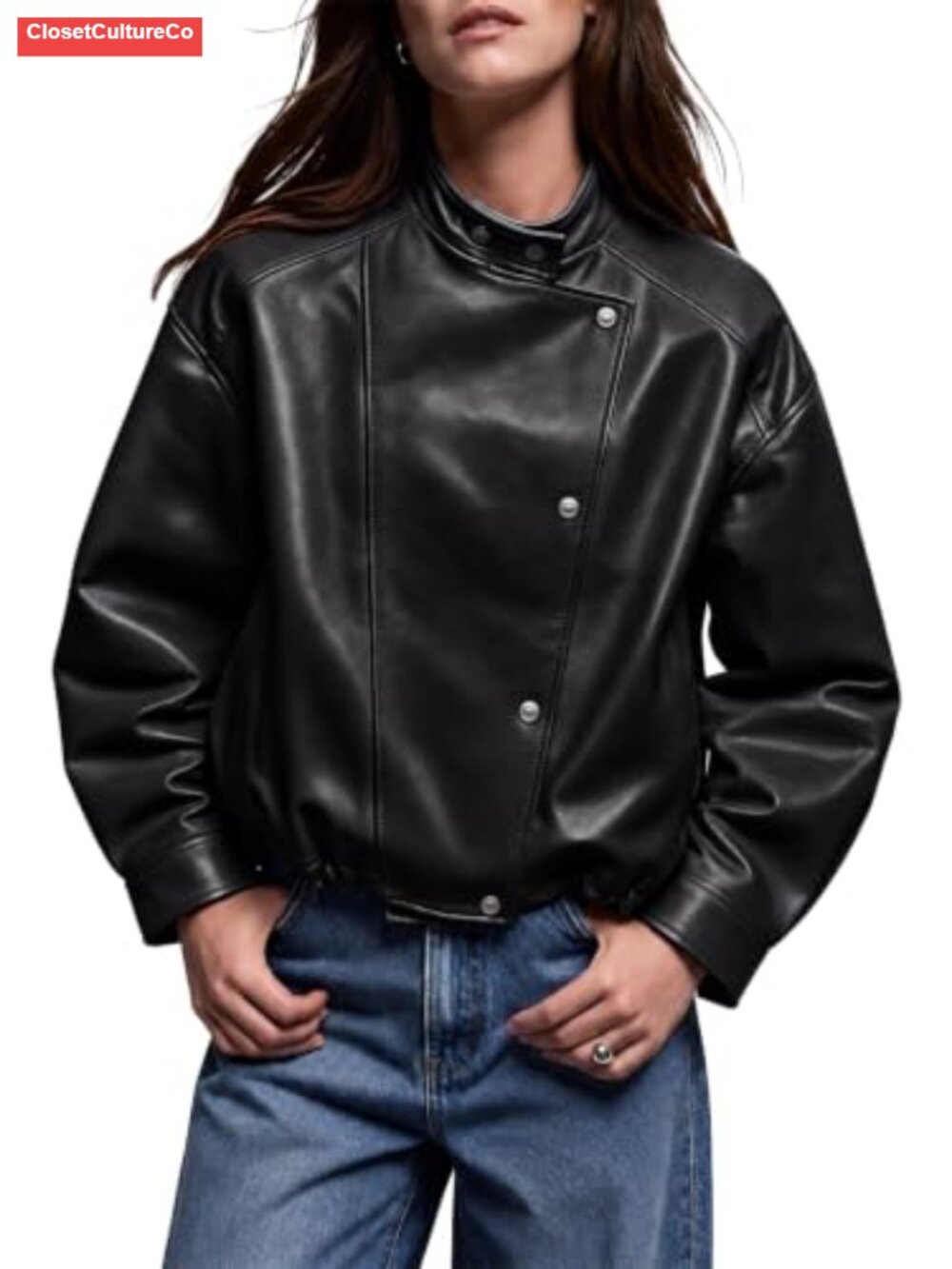 Oversized Faux Leather Cropped Moto Jacket Snap Button